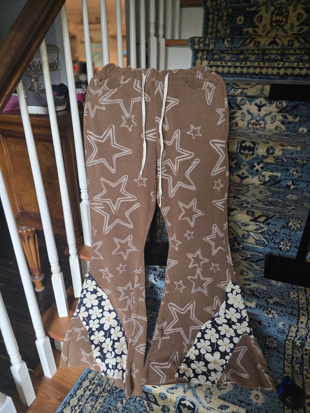 POL Brown Star-Print Flared Bottoms with Floral Panels